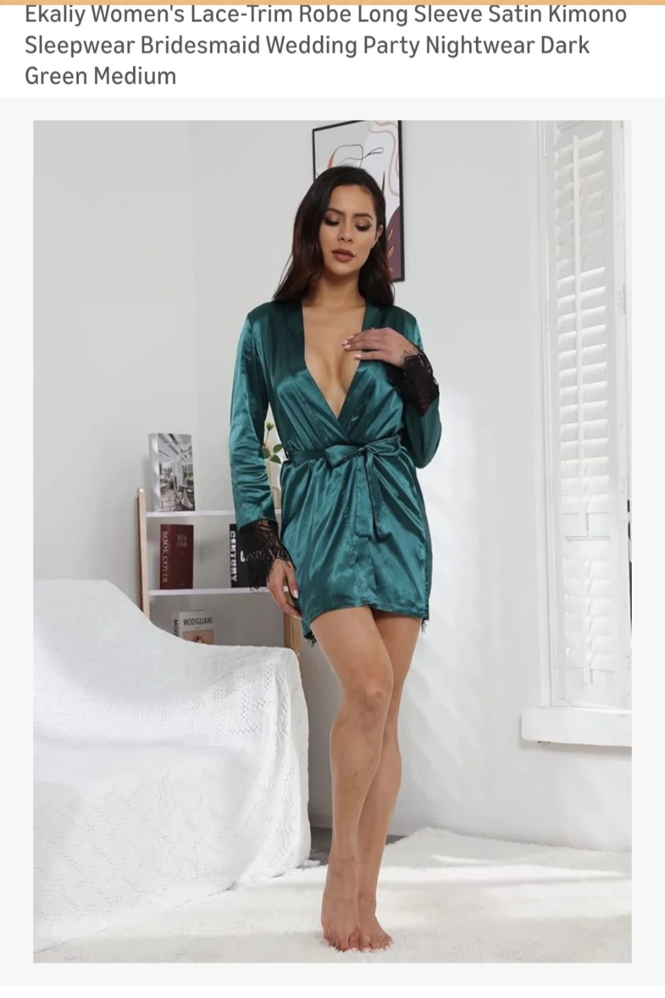 Ekaliy Women's Lace Trim Satin Robe - Dark Green, Medium