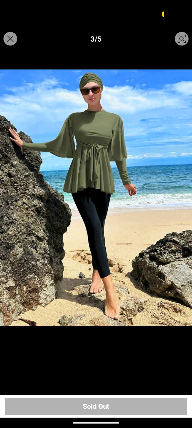 Color Block Belted Burkini With Swimming Cap - photo 4