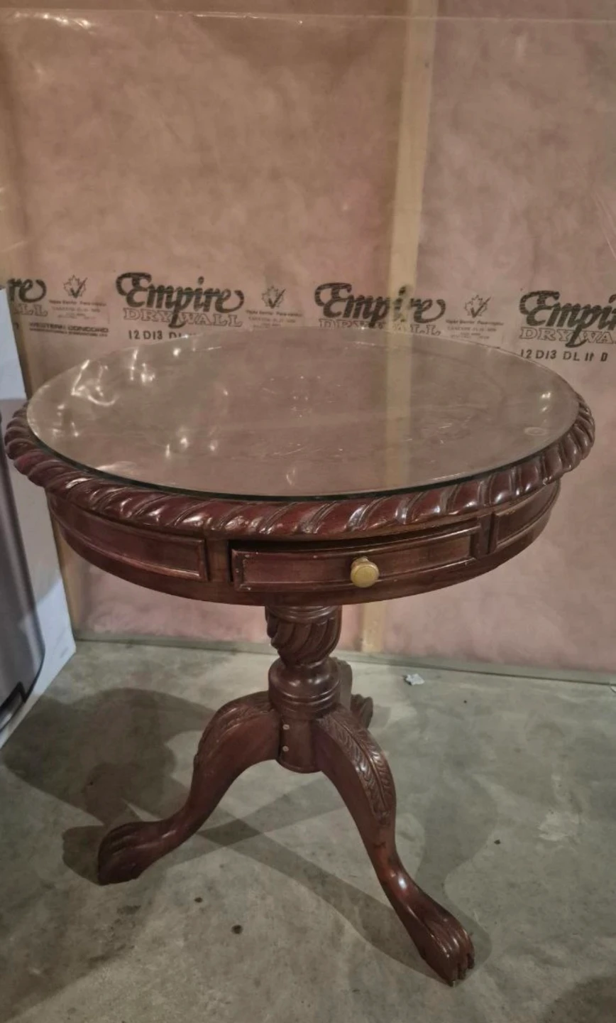 Vintage Wooden Side Table with Glass Top