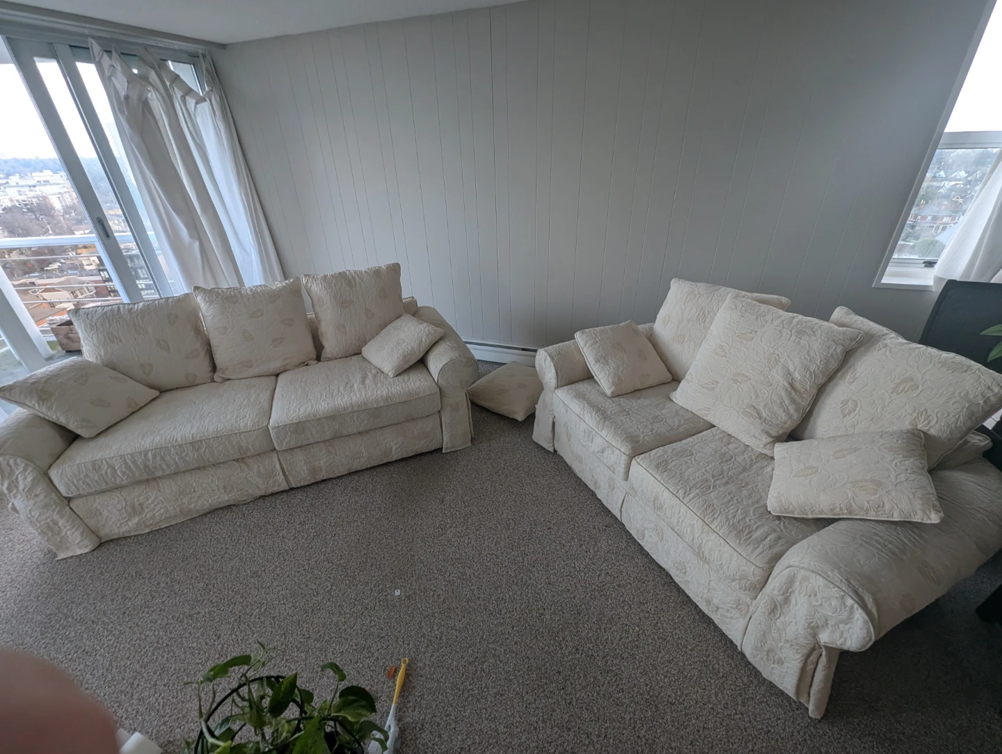 Cream Loveseat Sofa Set with Textured Floral Pattern
