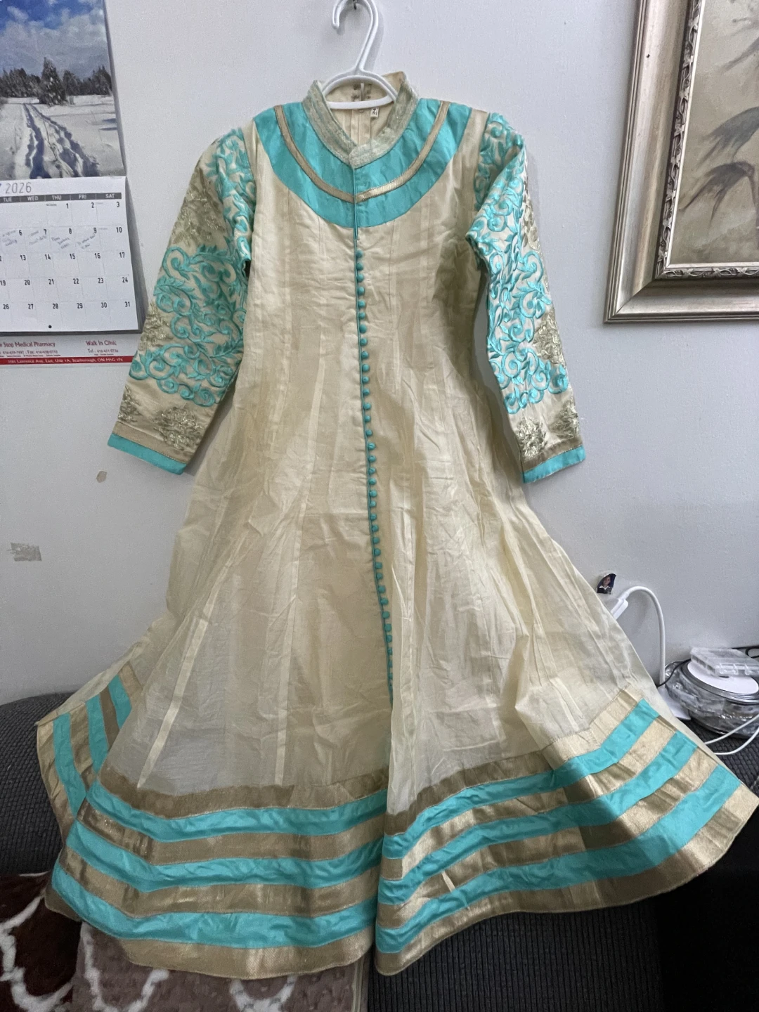 Cream and turquoise embroidered Indian suit
