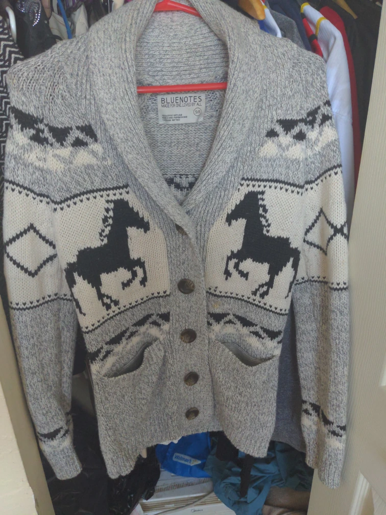 Bluenotes Grey Horse Knit Cardigan Sweater S/P