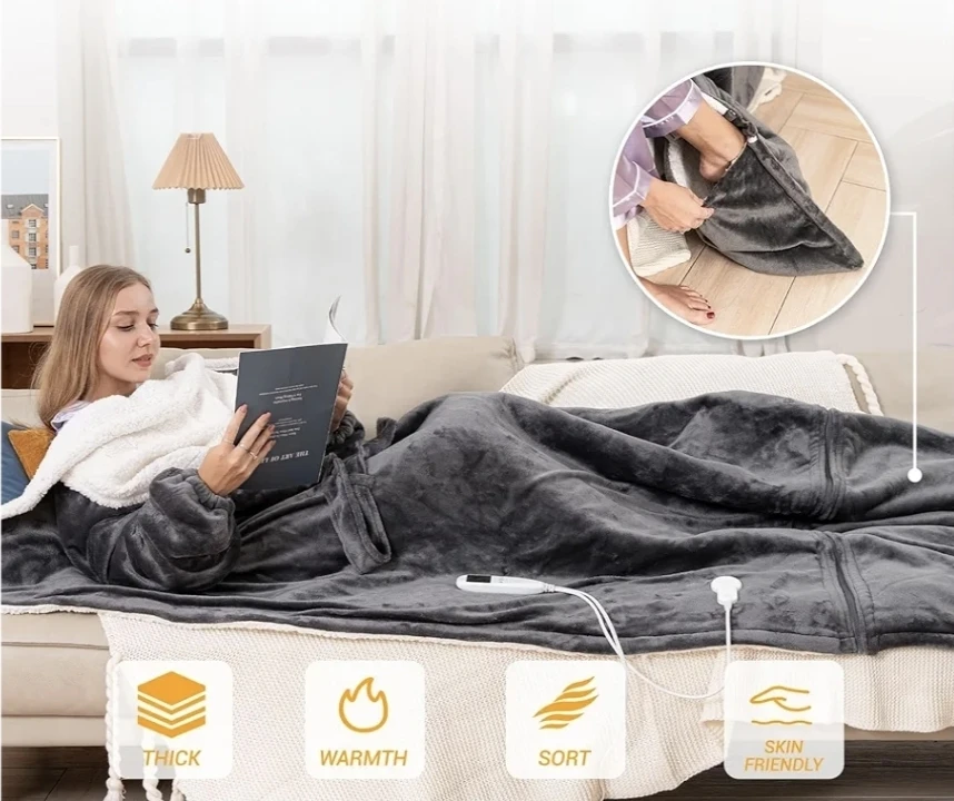 Grey Heated Blanket with Sleeves and Foot Pocket