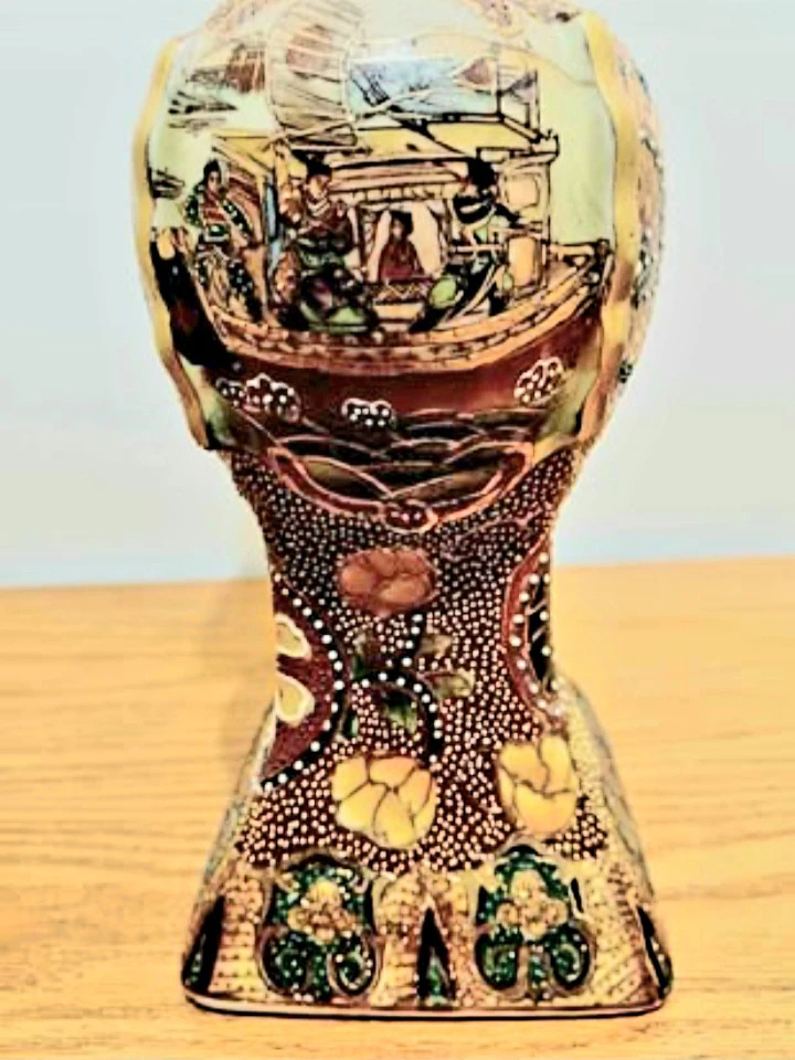 Vtg Satsuma 24Kt Gold Hand Painted Chinese Art Vase - photo 4