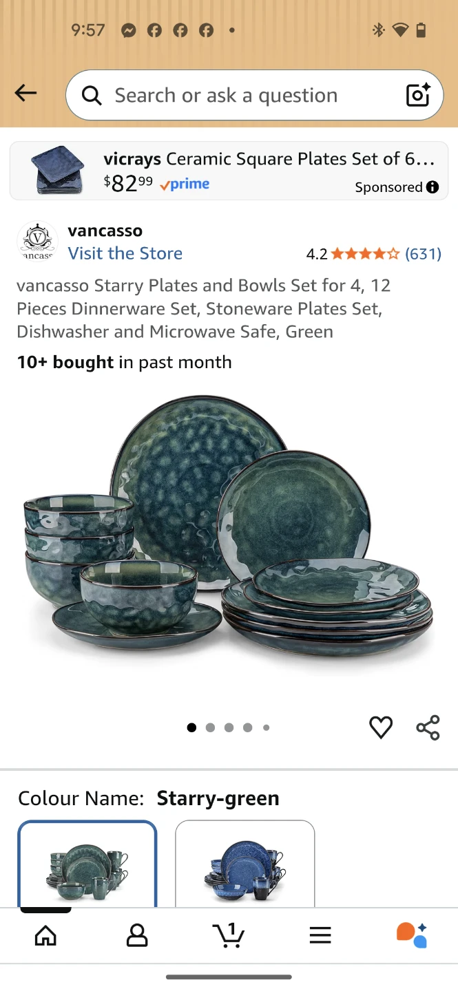 Vancasso Starry Dinnerware Set - 12 Pieces, Stoneware, Green