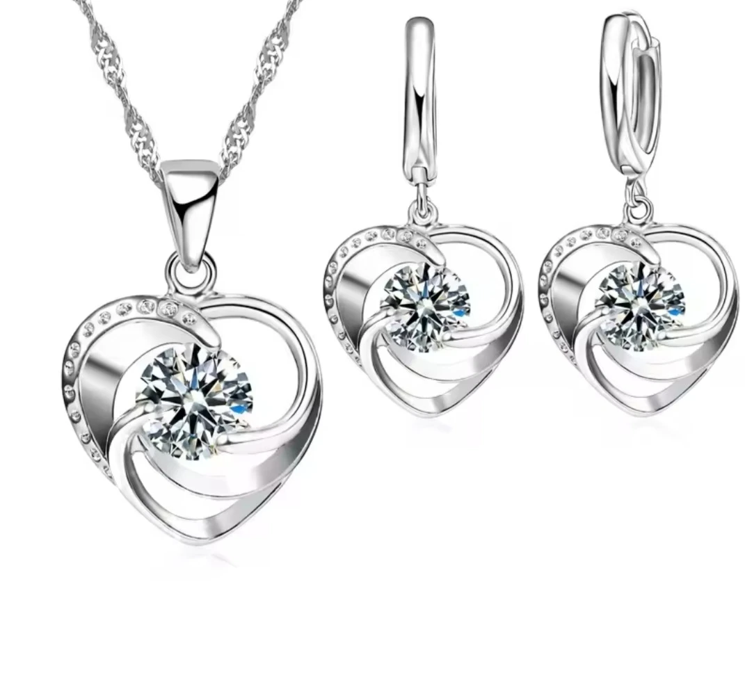 Heart Pendant Necklace and Hoop Earrings Set with Crystals - photo 2