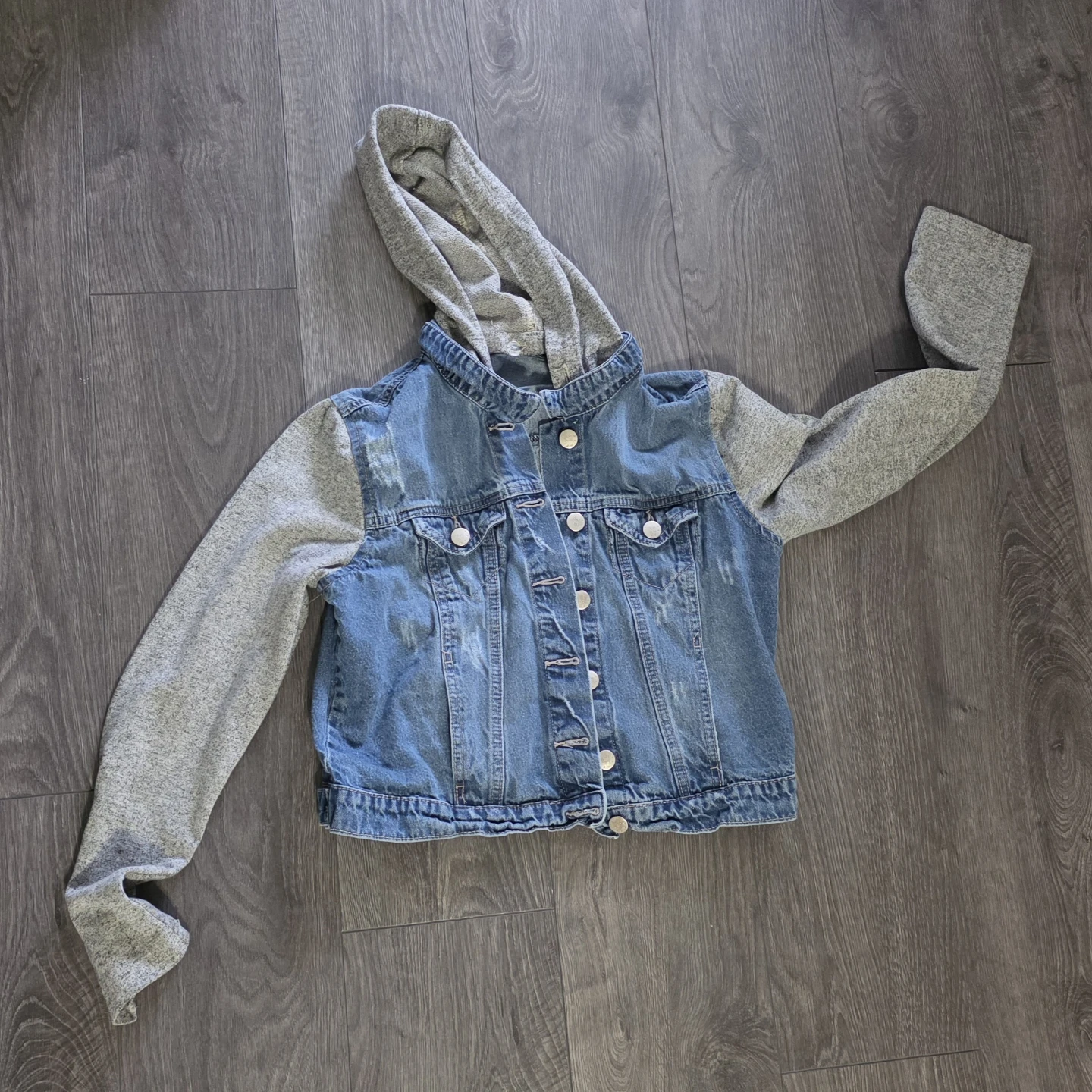 Denim Jacket with Grey Hood + Sleeves