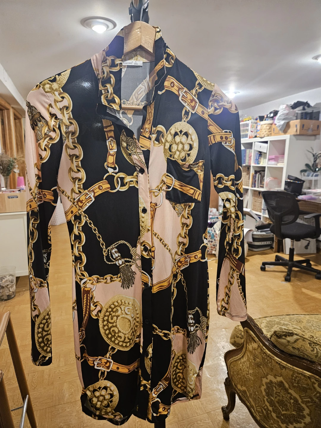 TIMING Chain Print Button-Up Shirt Dress - Size S