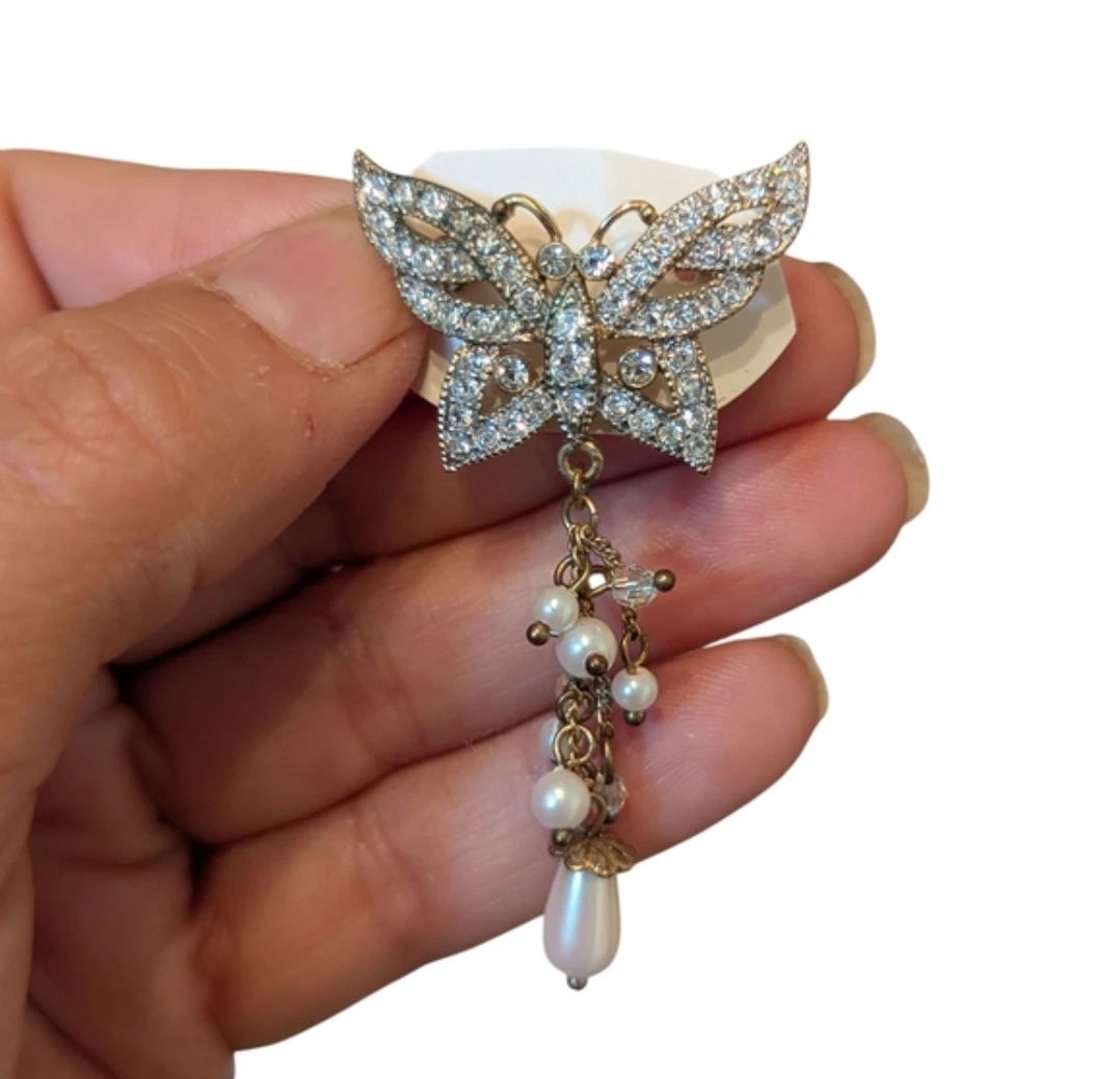Butterfly Brooch with Pearl Dangles