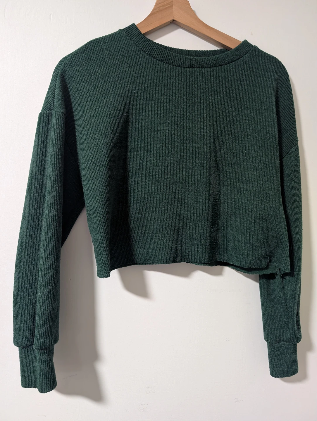 Green Ribbed Cropped Long Sleeve Sweater