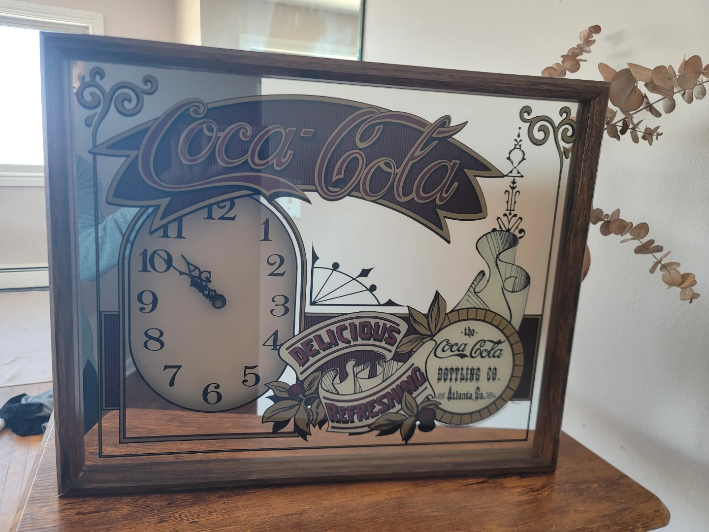 Coca Cola Vintage Wall Clock with Brown Frame 17" X 21"