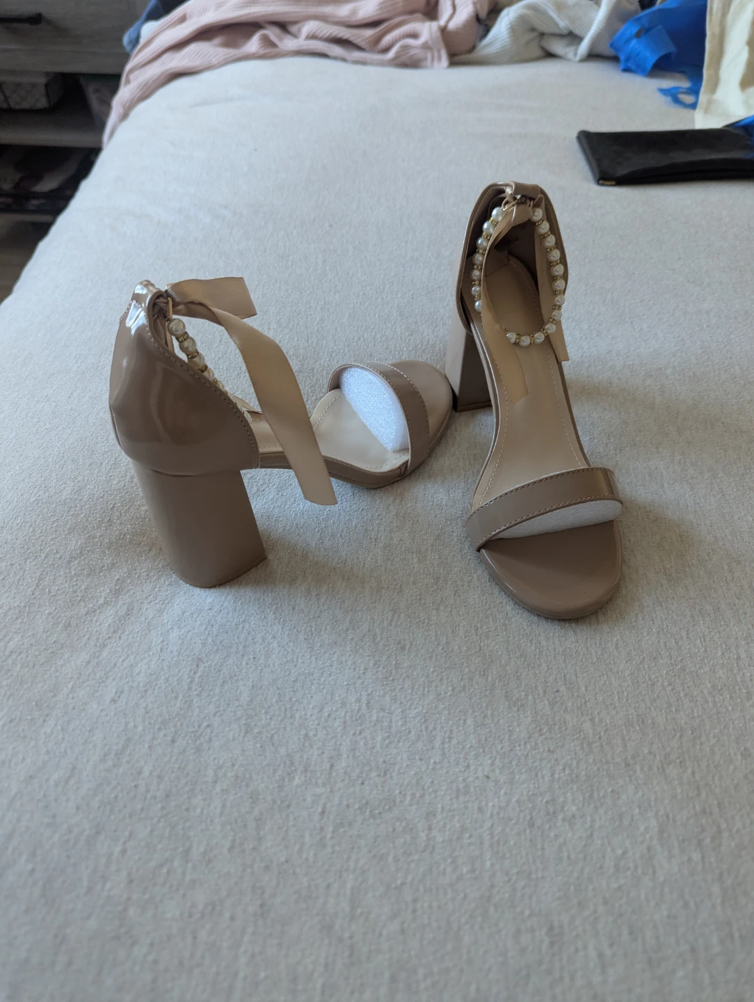 Women's Beige Block Heel Sandals with Pearl Ankle Strap - photo 2