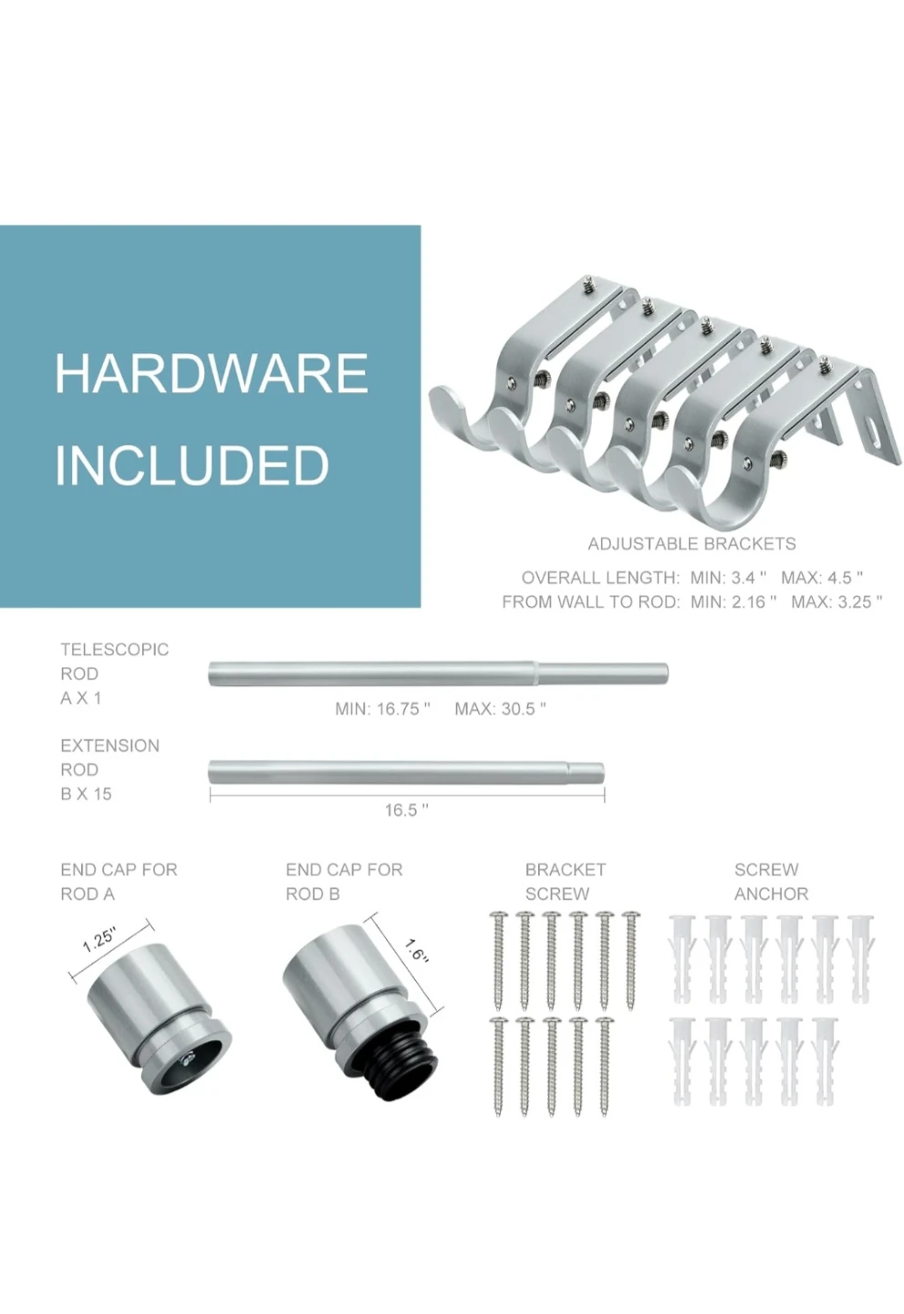 Adjustable Curtain Rod Set - Silver - photo 5