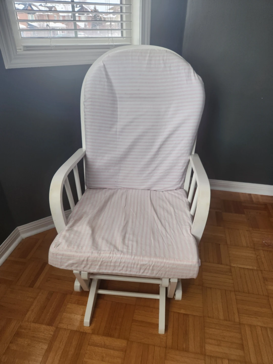 White Glider Rocking Chair with Pink Stripe Cushion