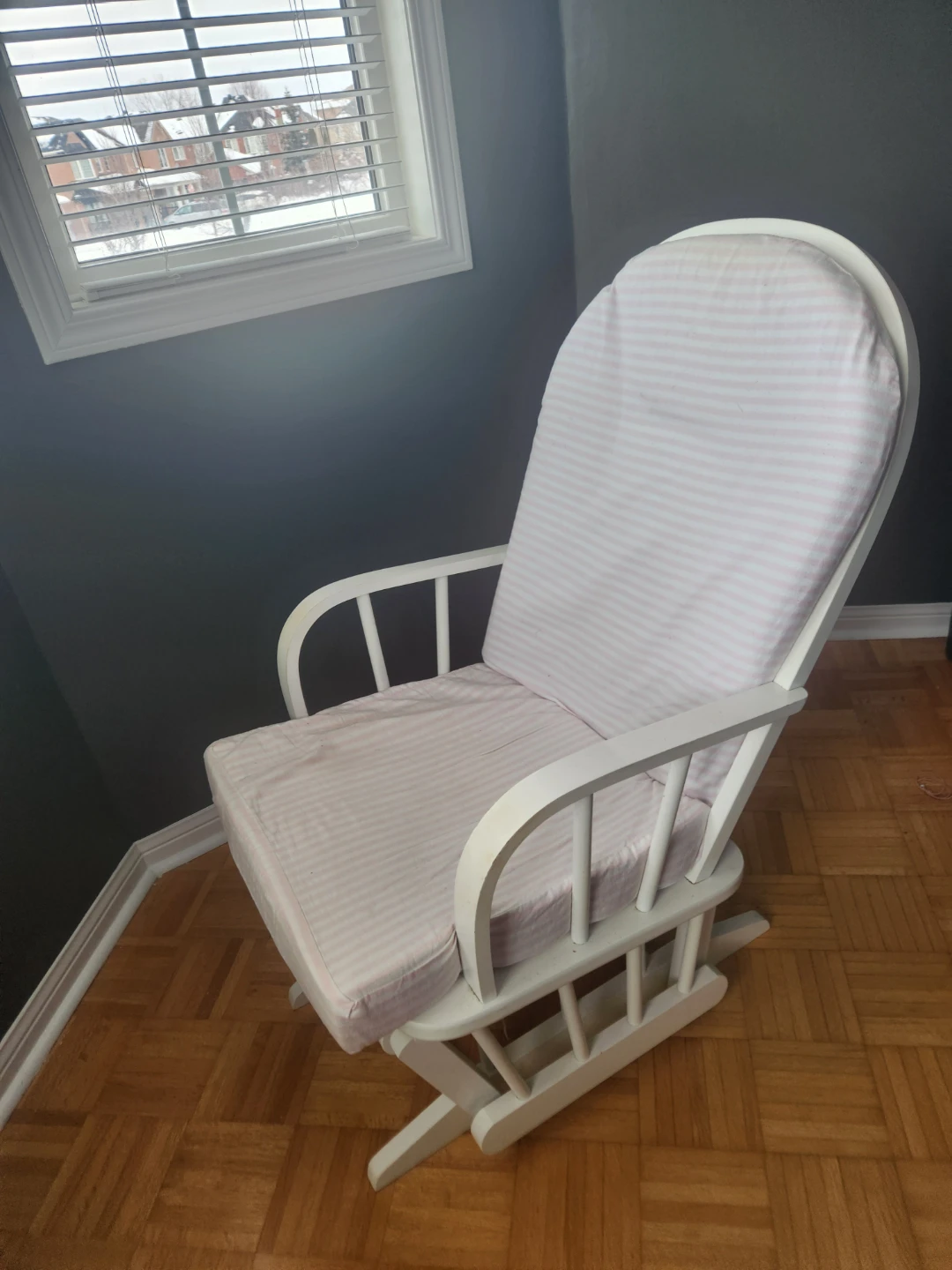 White Glider Rocking Chair with Pink Stripe Cushion - photo 2