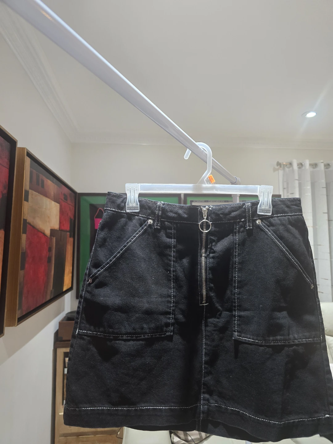 TOPSHOP Black Denim Mini Skirt with White Stitching