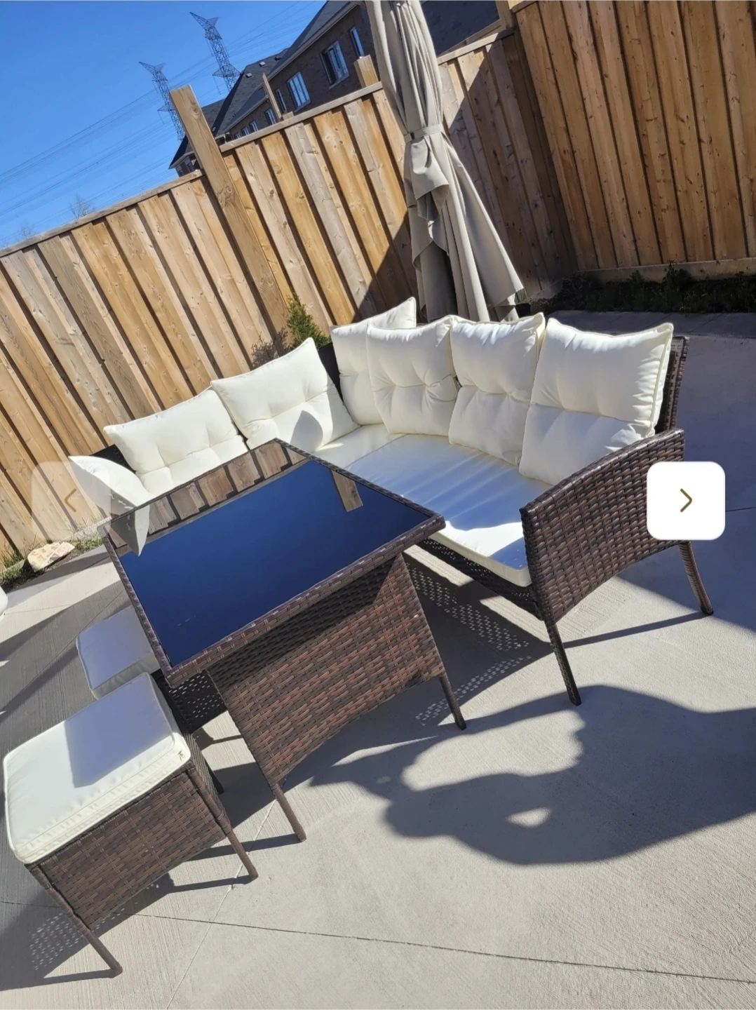 Brown Rattan Patio Furniture Set with Cushions and Glass Table