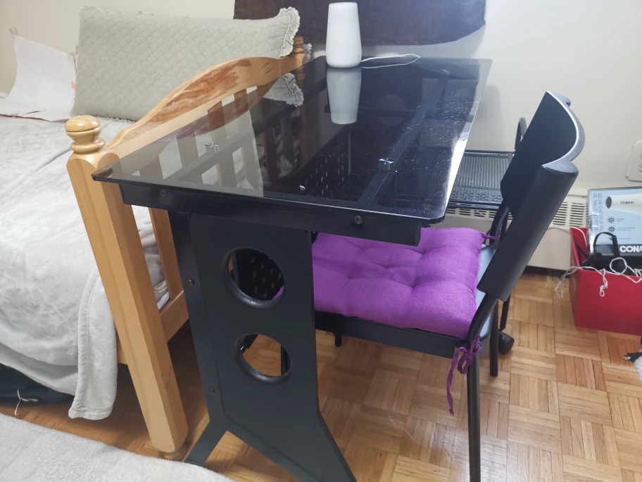 Glass Top Desk with Black Frame and Purple Seat