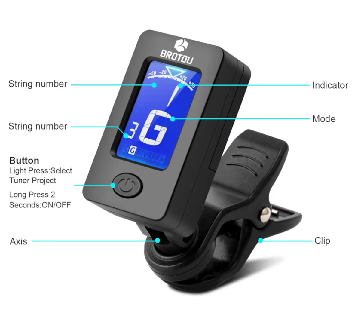 Brotou Clip-On Tuner JT-01 for Guitar, Bass, Ukulele