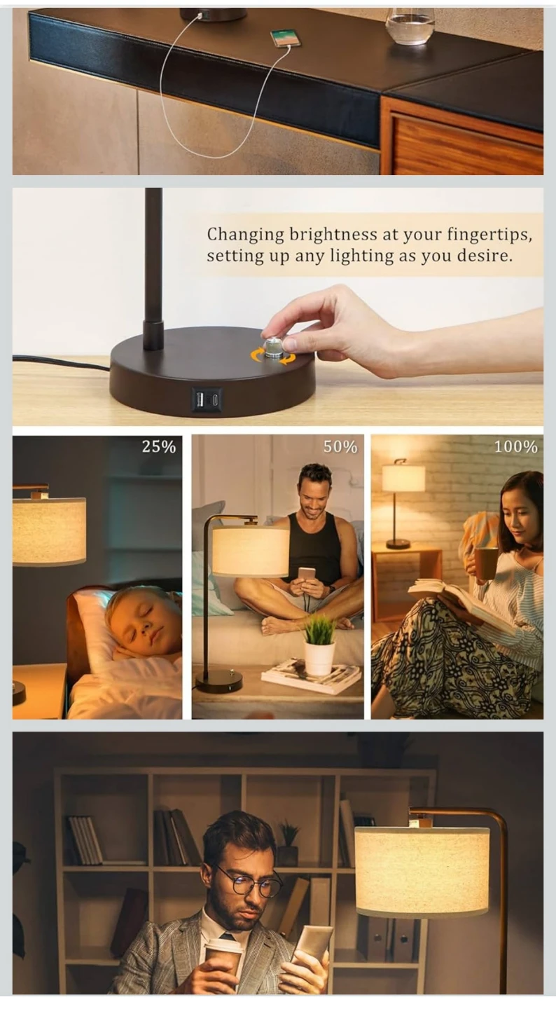 Set of 2 Fully Dimmable Bedside Table Lamps with USB Ports - photo 4