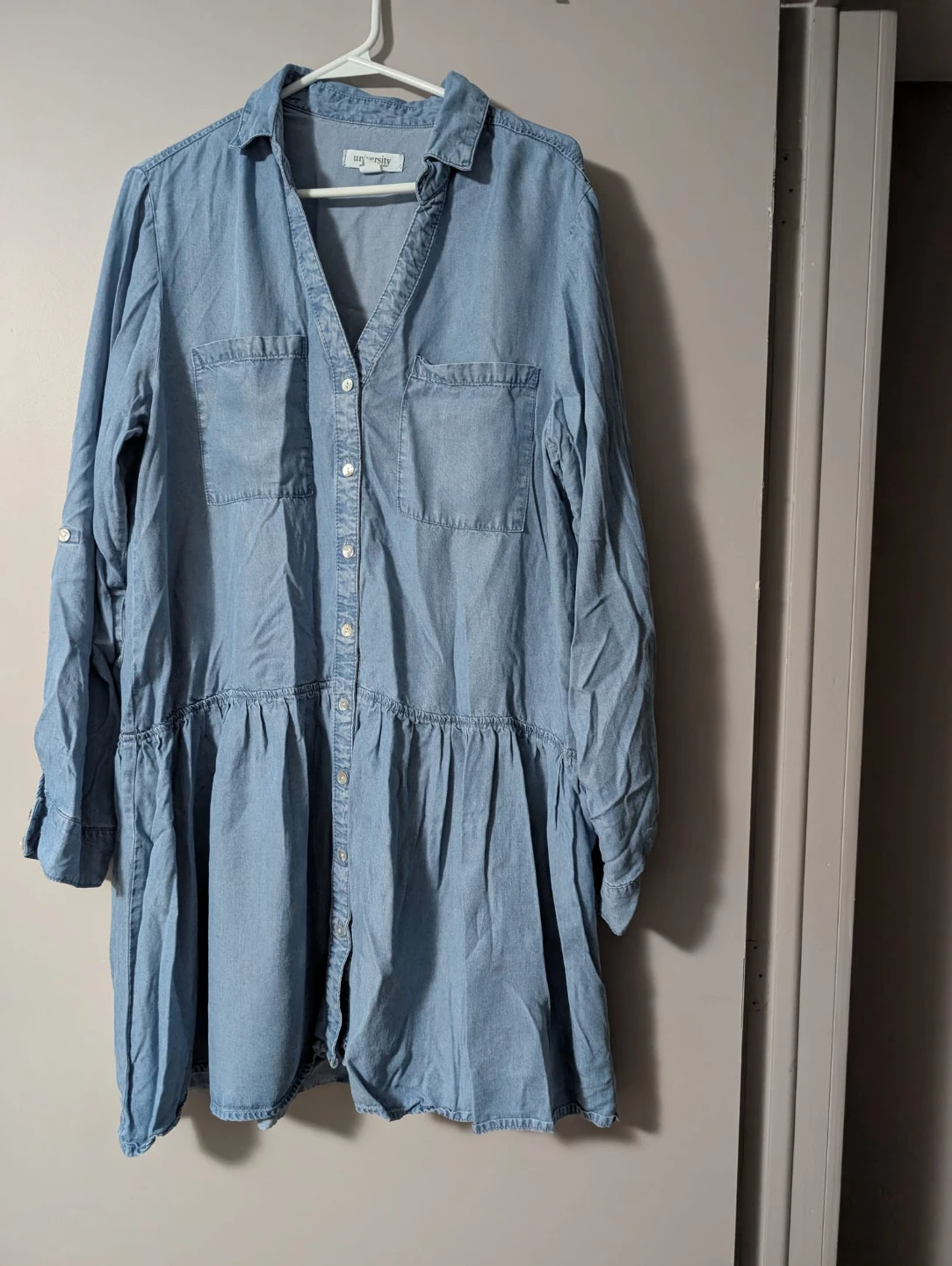 University Blue Denim Tiered Shirt Dress
