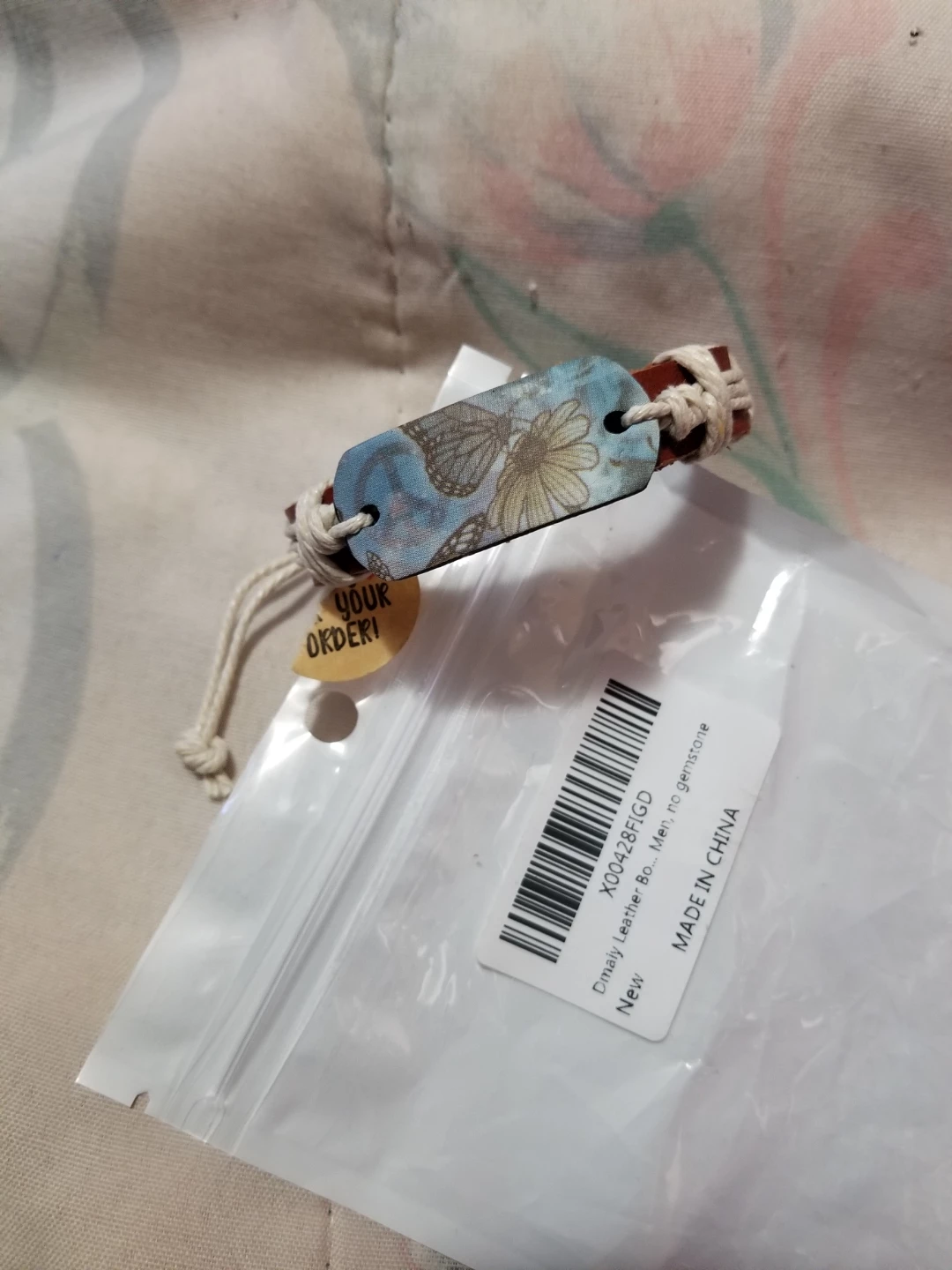 Leather Bracelet with Butterfly and Flower Design