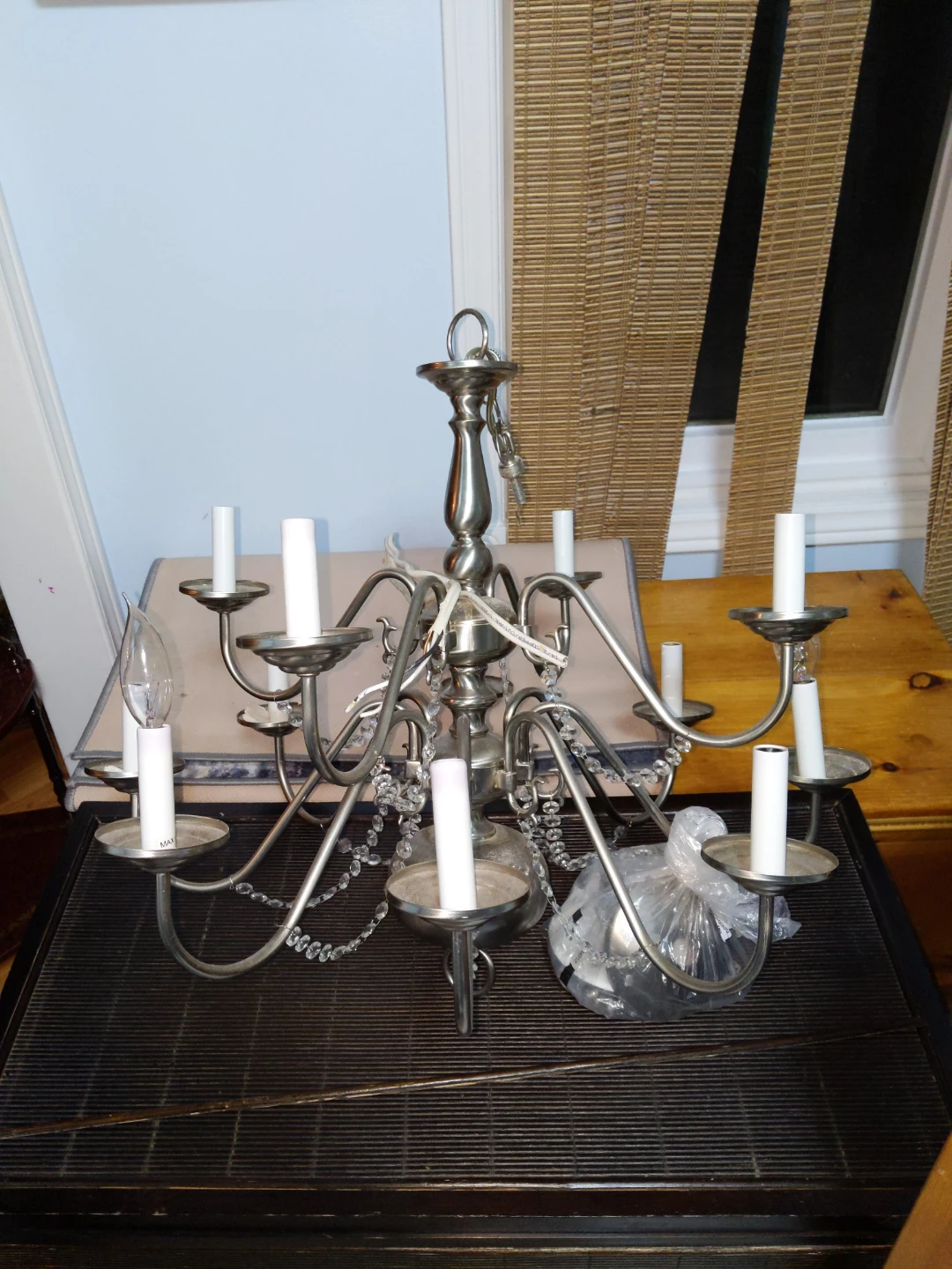 Large Silver 12-Light Chandelier with Crystal Accents