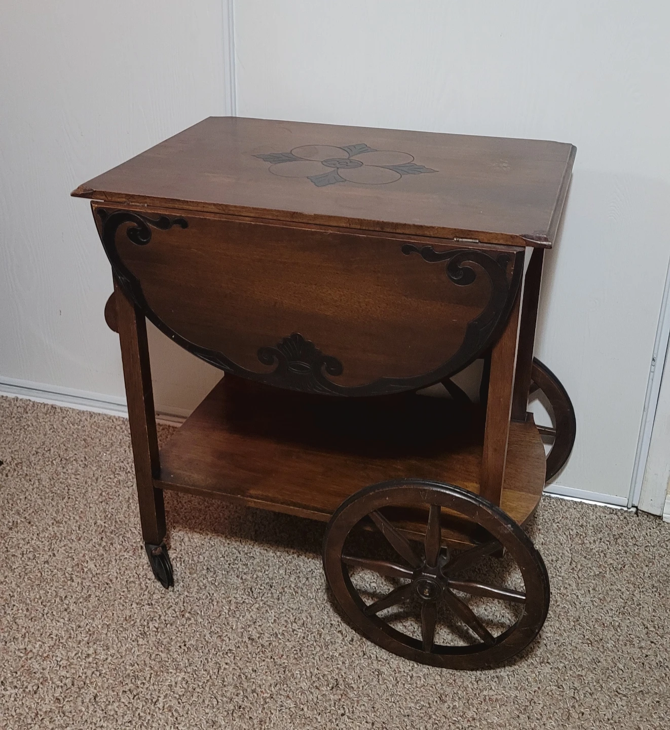 Antique Walnut Tea Cart w/ Carved Top