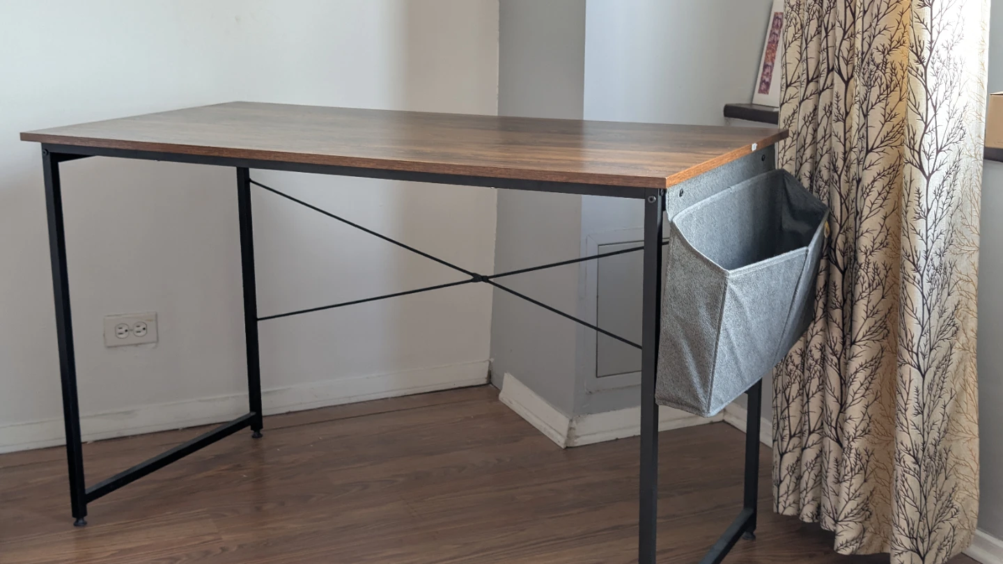 Wood Top Desk with Black Metal Frame and Storage Pocket - photo 2