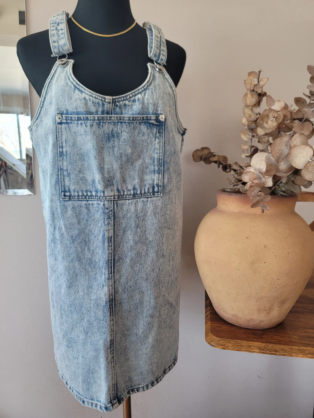 Acid Wash Denim Pinafore Overall Dress Cotton Sz M Retro Minimal