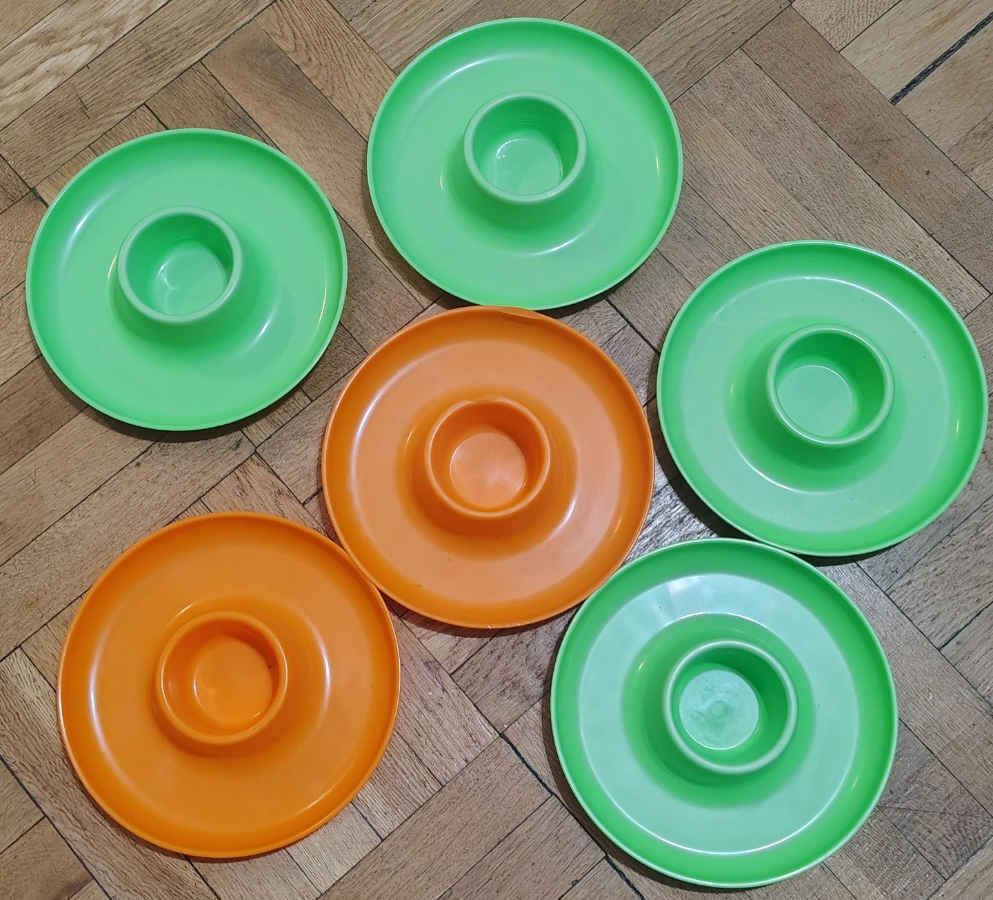 Set of 5 Vintage Egg Cups with Plates - Green & Orange - photo 2