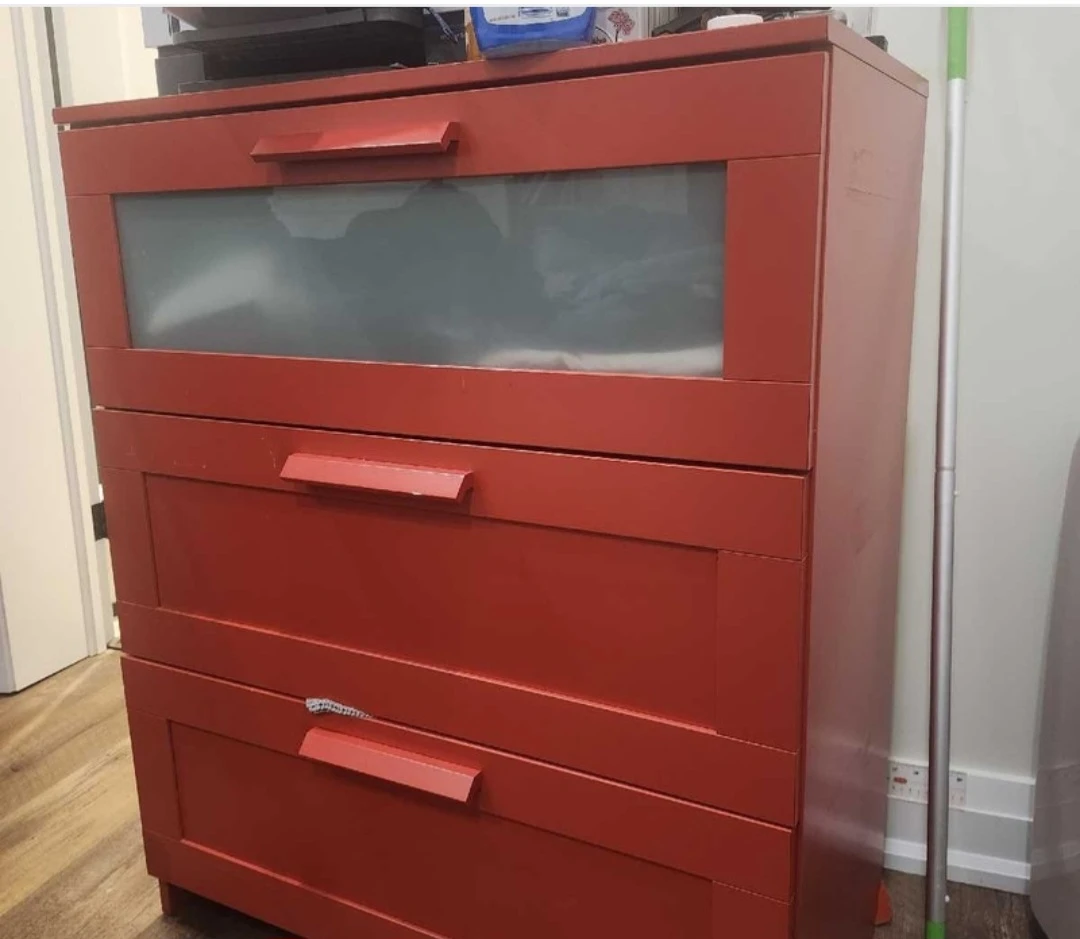 Red 4-Drawer Dresser with Frosted Glass Panel