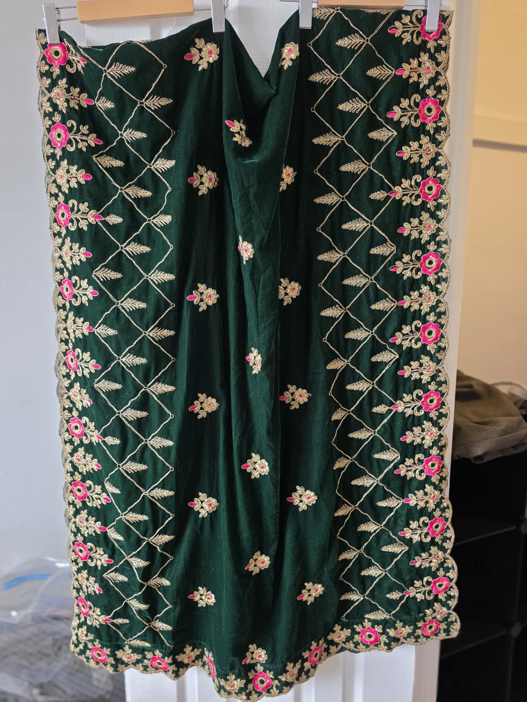 Green Velvet Shawl with Pink and Gold Embroidery