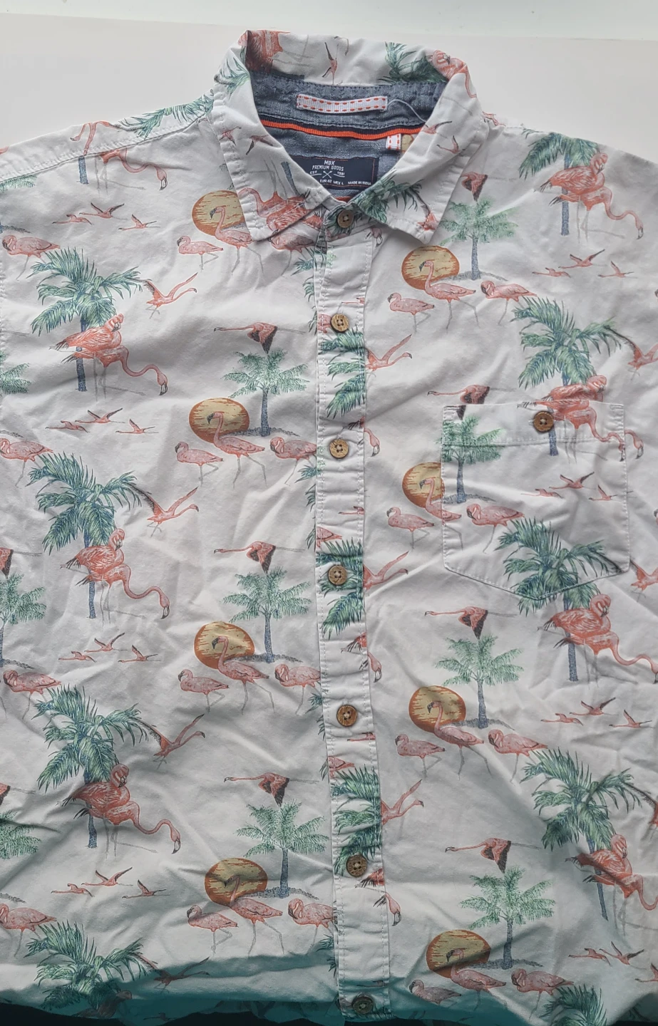 Men's Flamingo Print Short Sleeve Button-Up Shirt  (L)