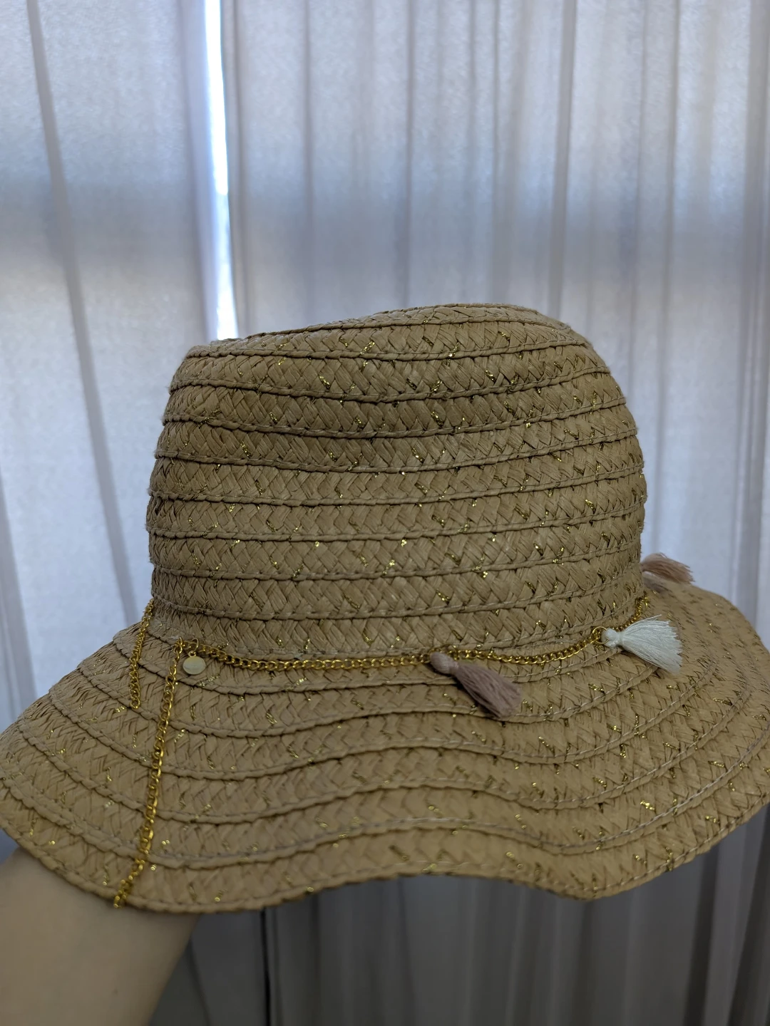 Straw Sun Hat with Gold Accents and Tassels