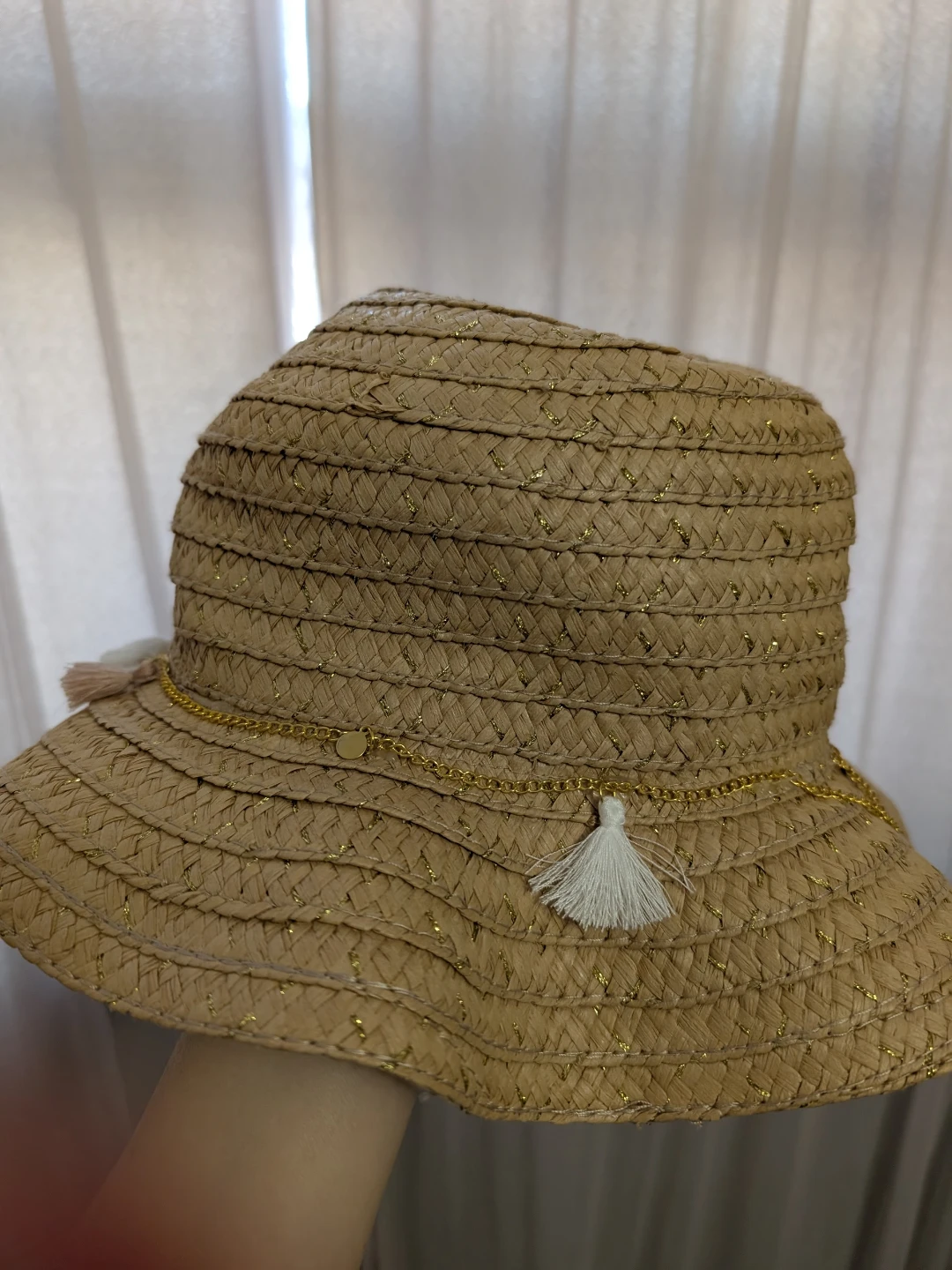 Straw Sun Hat with Gold Accents and Tassels - photo 2
