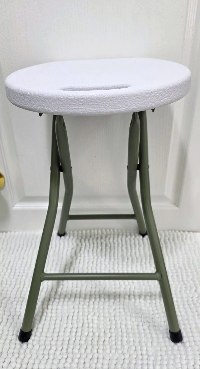 2 White Folding Seat Stool Chairs, Grey Frame