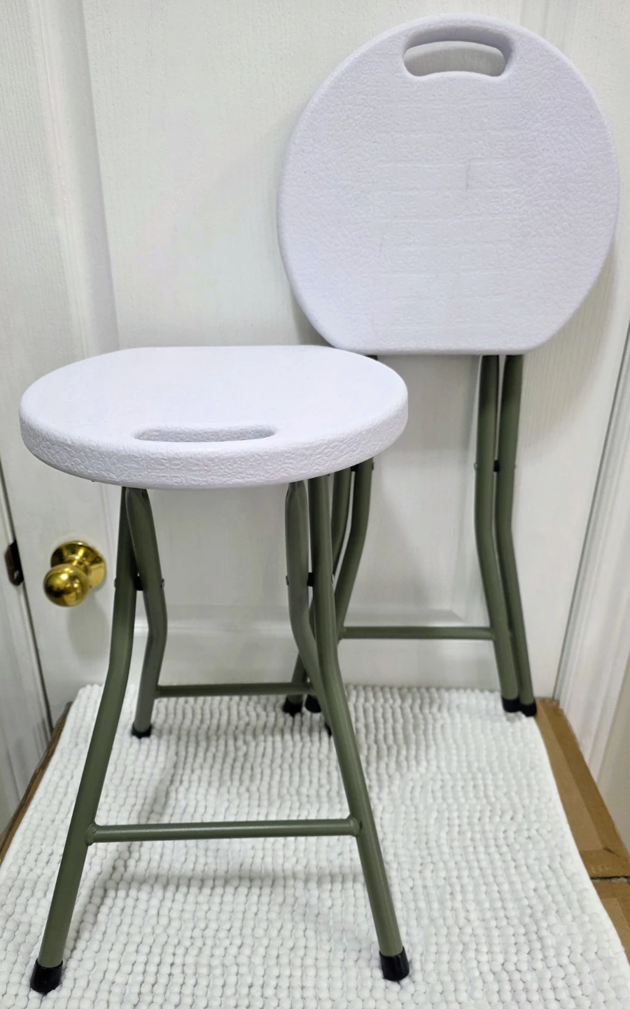 2 White Folding Seat Stool Chairs, Grey Frame - photo 4