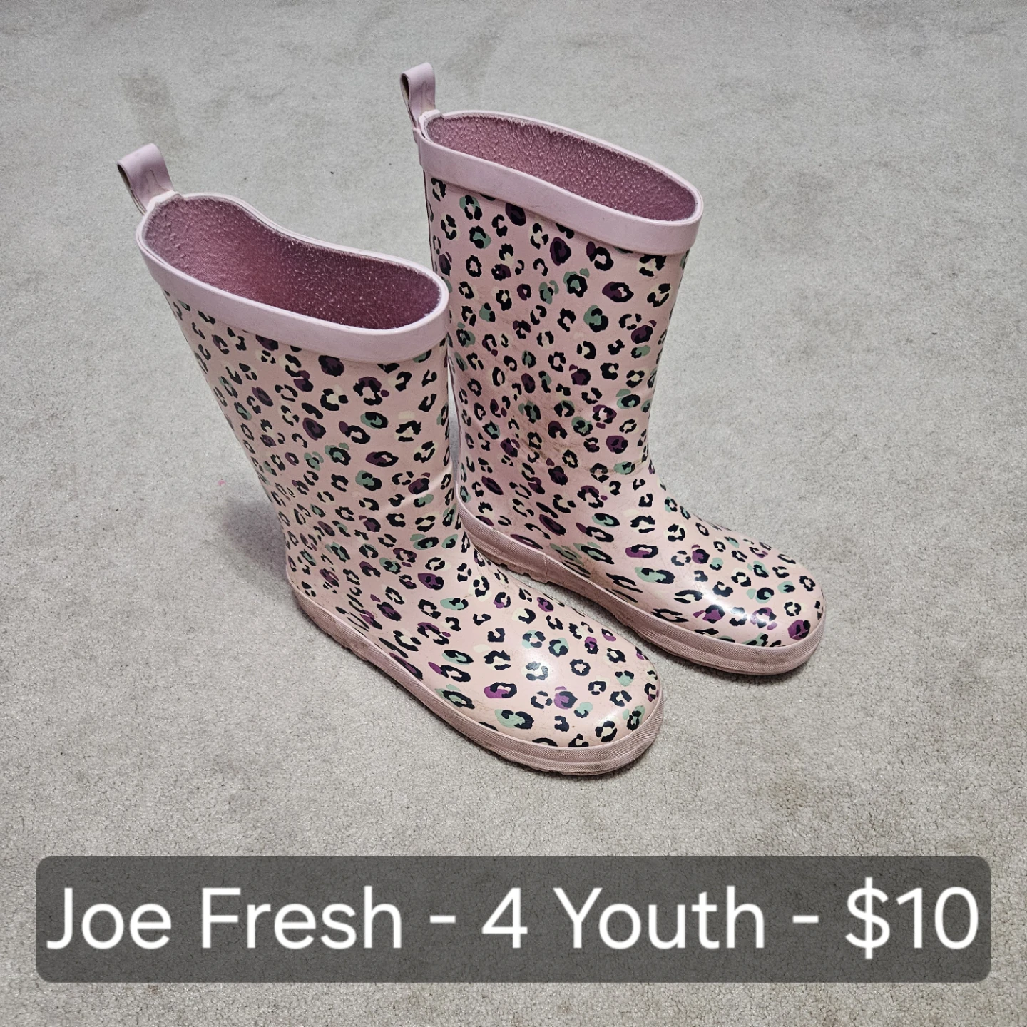 Joe Fresh Youth Size 4 Pink Leopard Print Rain Boots