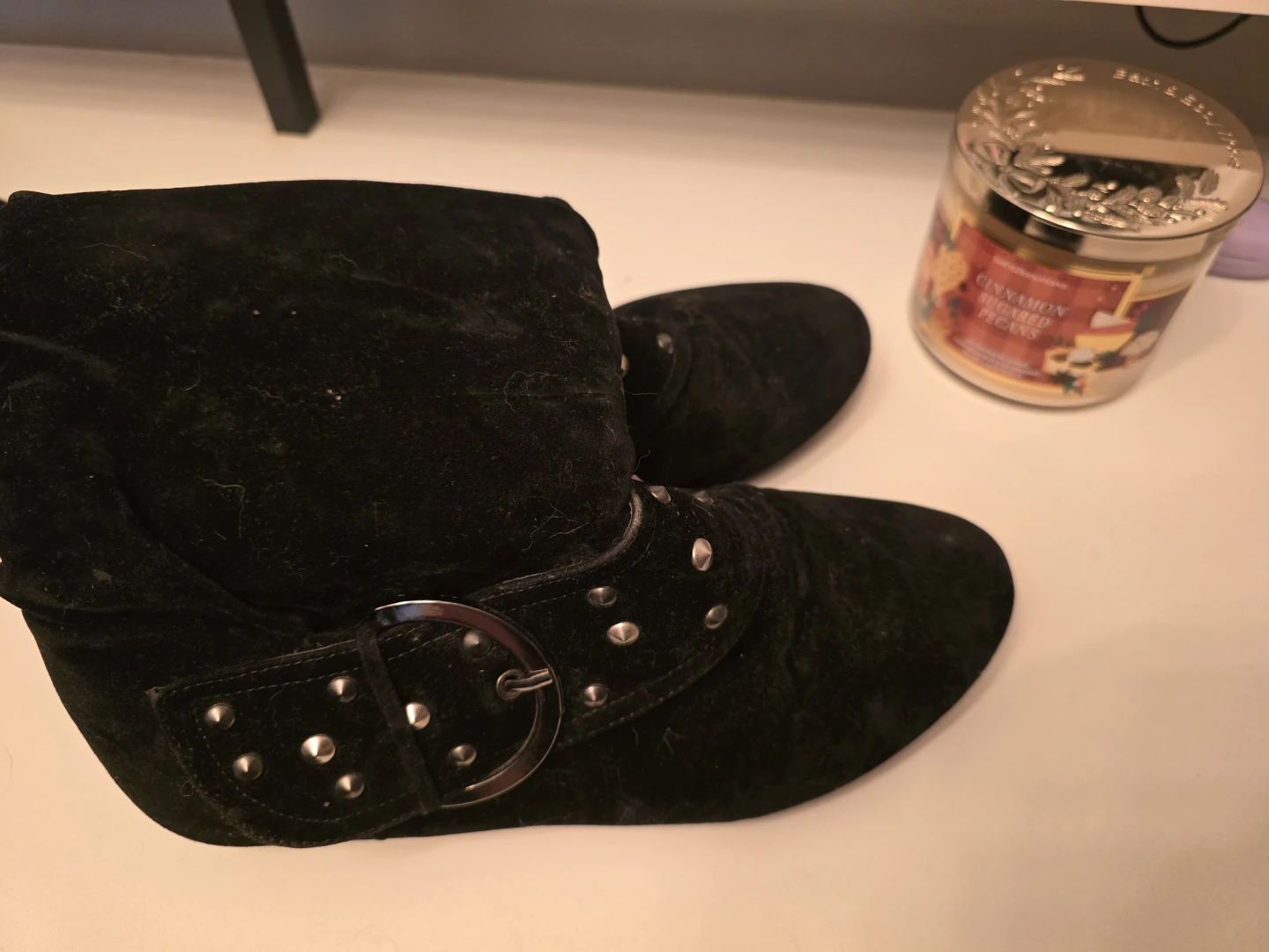 Black Suede Ankle Boots with Buckle and Studs