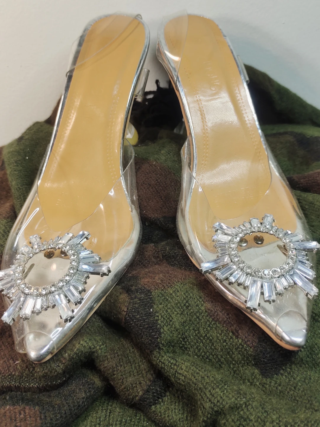 Women's Clear Pointed Toe Heels with Rhinestone Embellishment