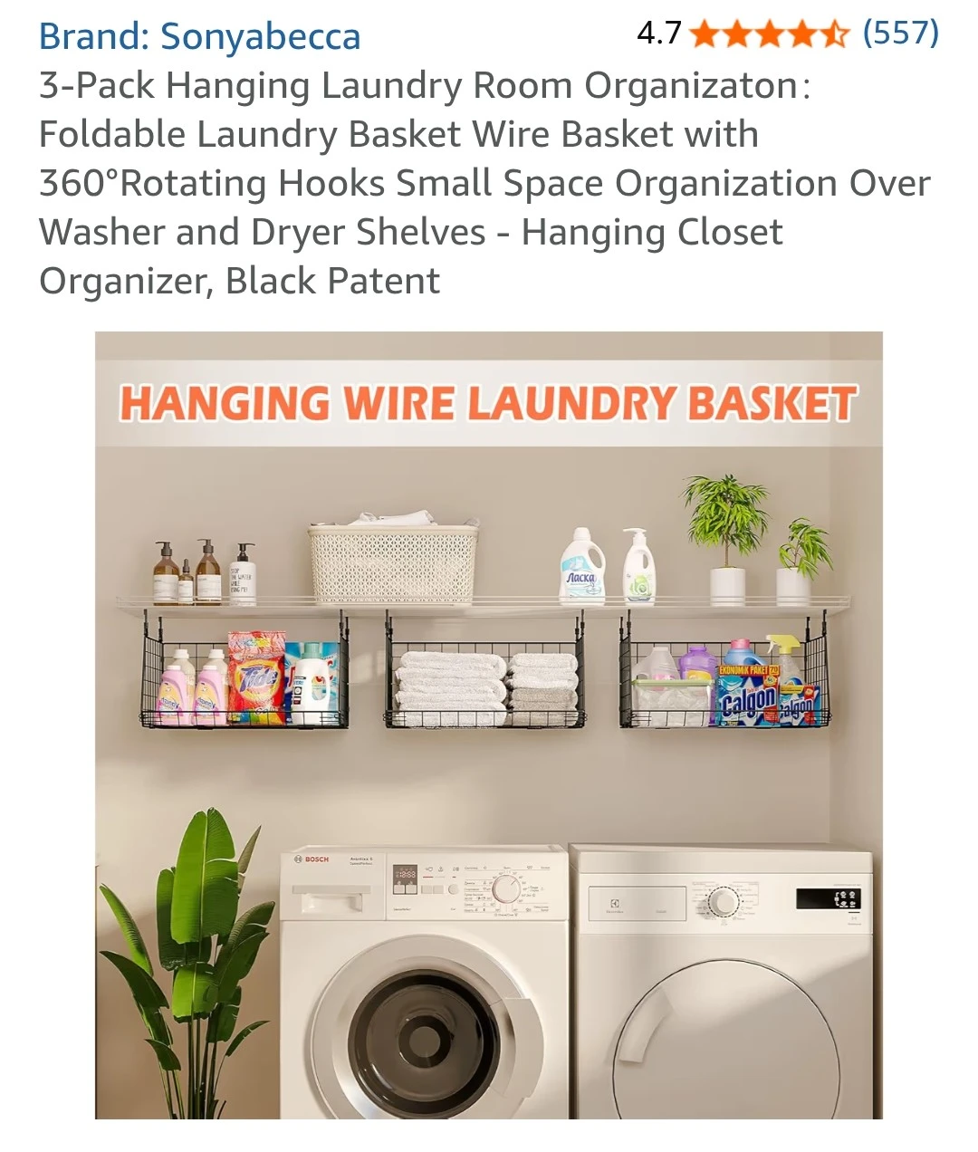 Sonyabecca 3-Pack Hanging Wire Laundry Basket Organizer