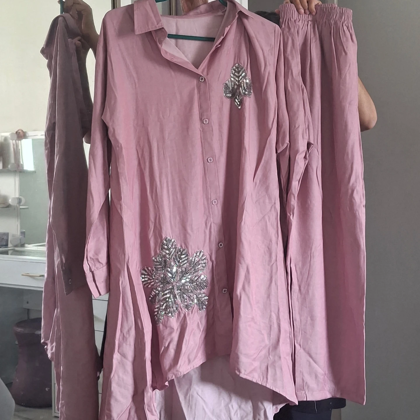 Pink Embellished Button-Up co ord and Pants Set