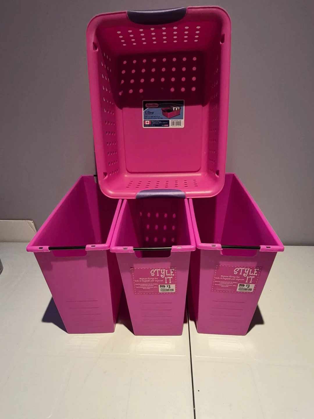 Pink Plastic Storage Bins (3 Pack) & Basket