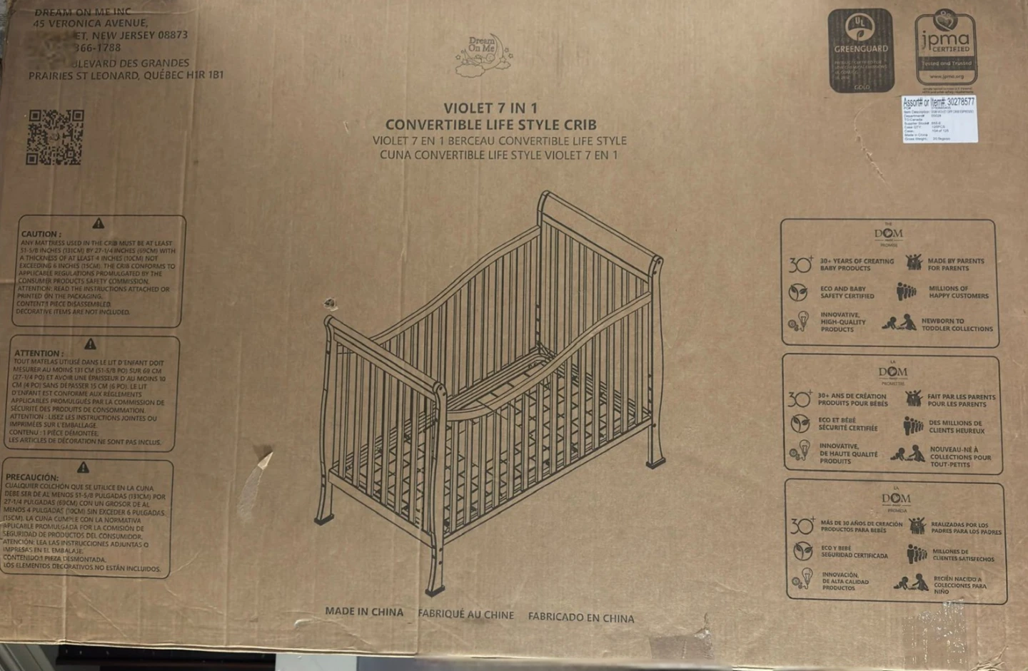 Dream On Me Violet 7 in 1 Convertible Crib
