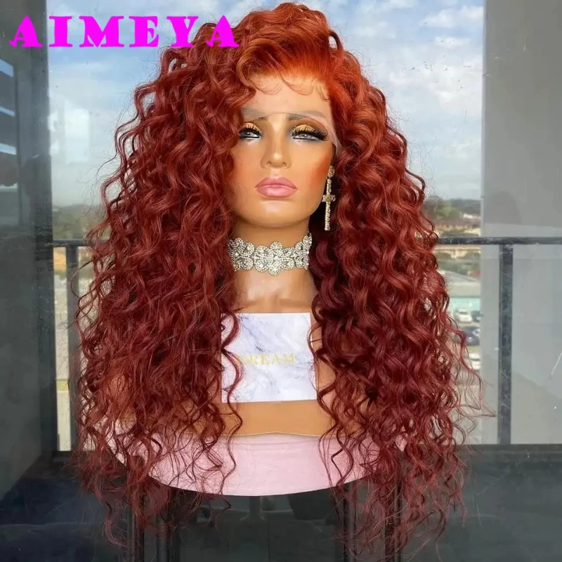 New!Copper Red Curly Wig Long Deep Wave Synthetic Lace Front