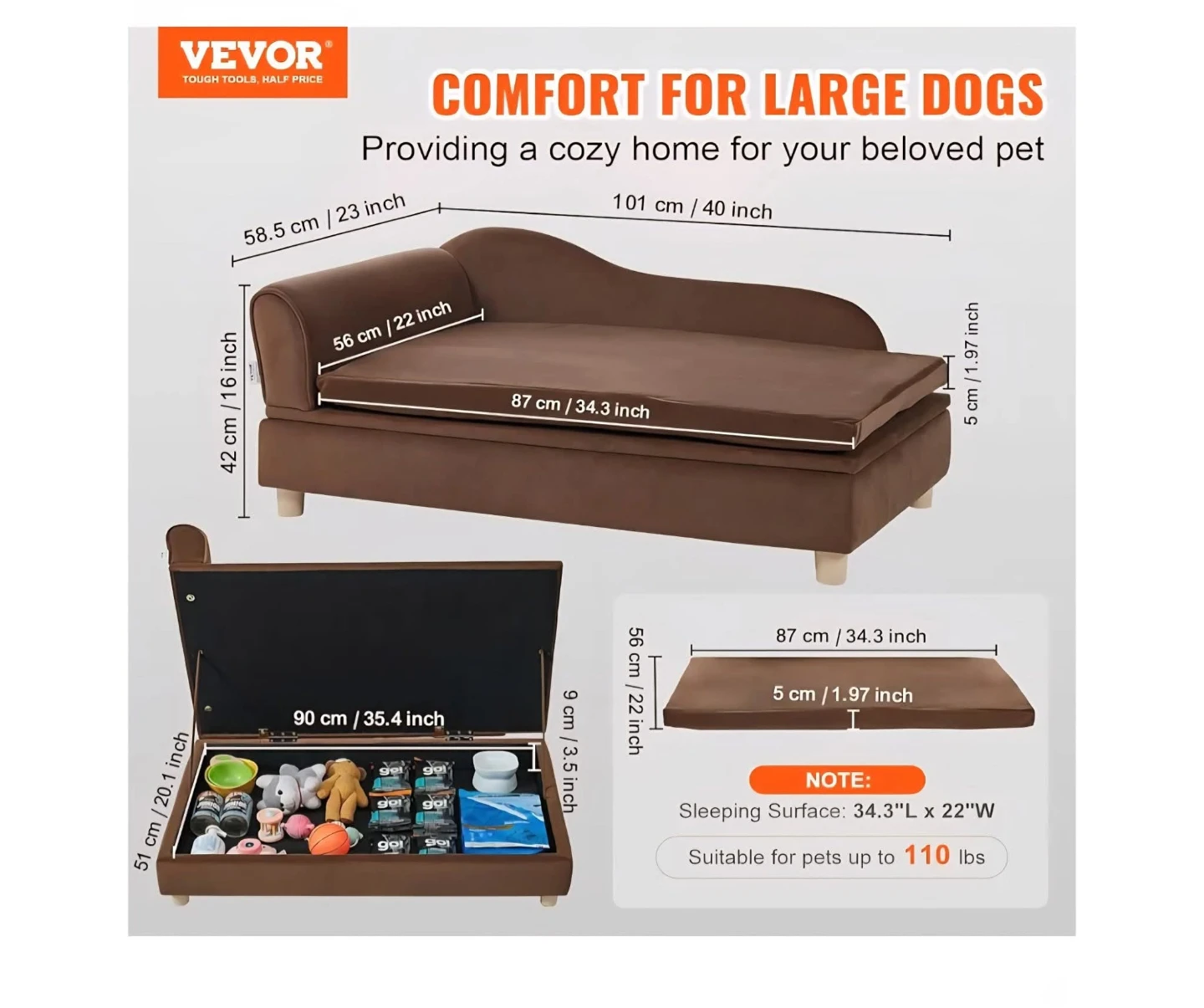 Vevor Brown Pet Sofa Bed with Storage - photo 3