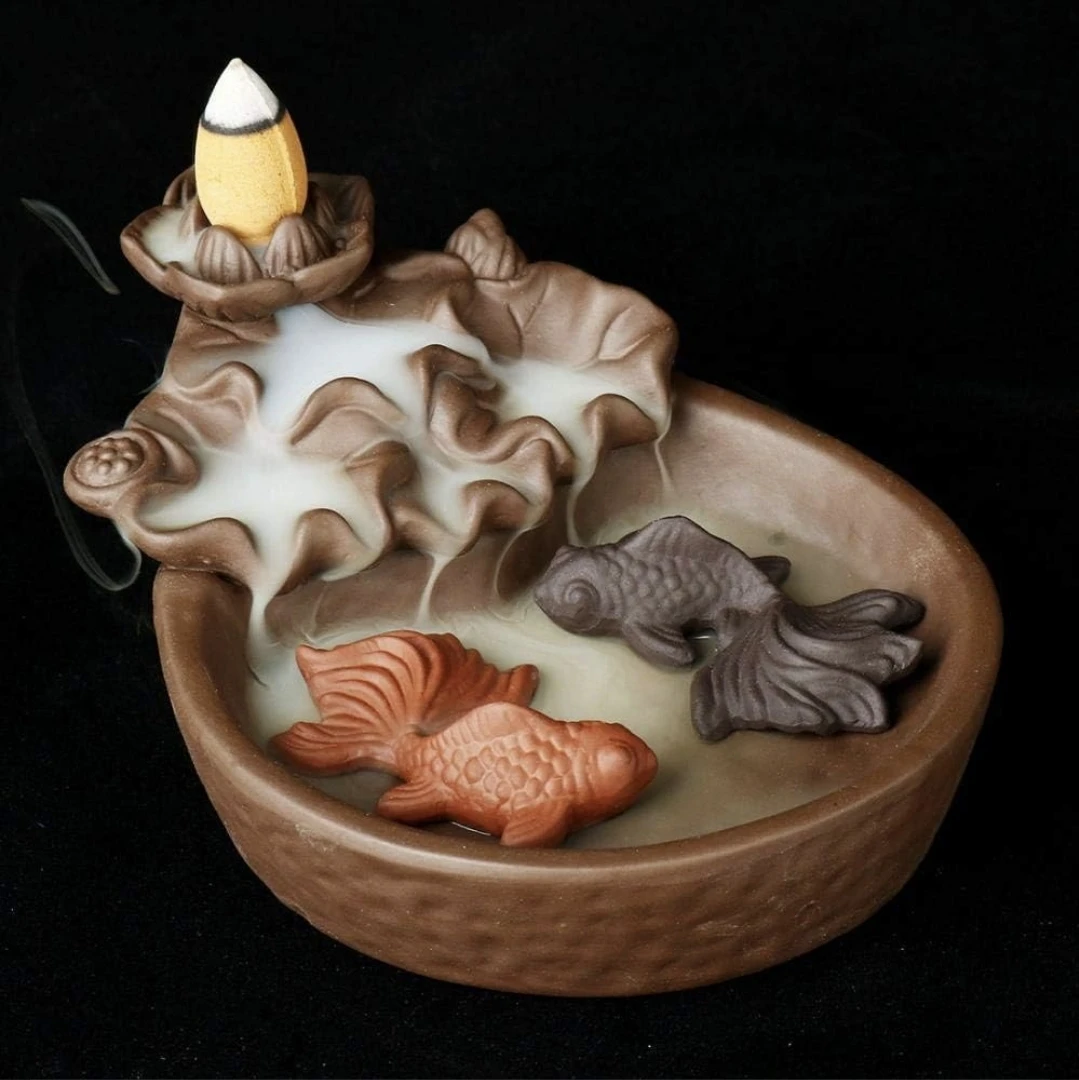 Ceramic Waterfall Incense Burner with Koi Fish Design
