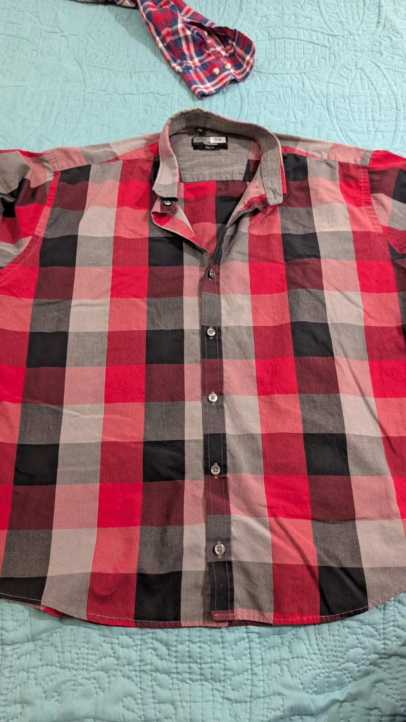 OFIVE Red Black Plaid Slim Fit Button-Up Shirt XL