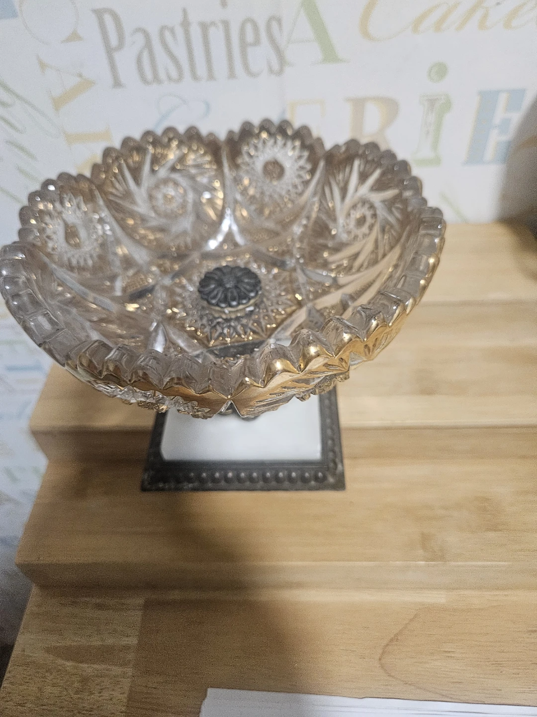 Ornate Crystal Pedestal Dish with Gold Accents
